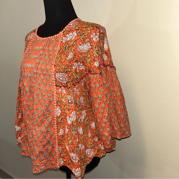 Rachel Zoe Orange Floral Blouse Boho 3/4 Sleeve - Picture 3 of 9